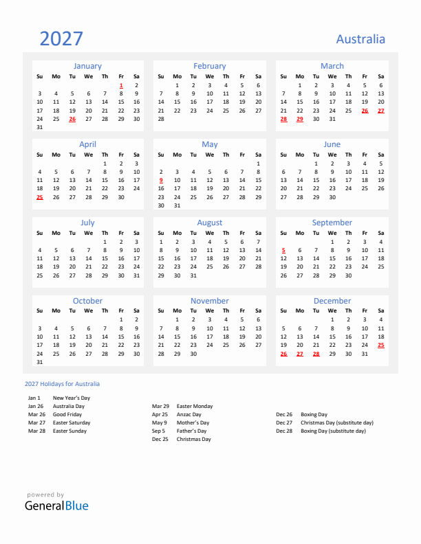 Basic Yearly Calendar with Holidays in Australia for 2027 