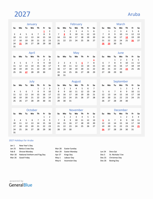 Basic Yearly Calendar with Holidays in Aruba for 2027 