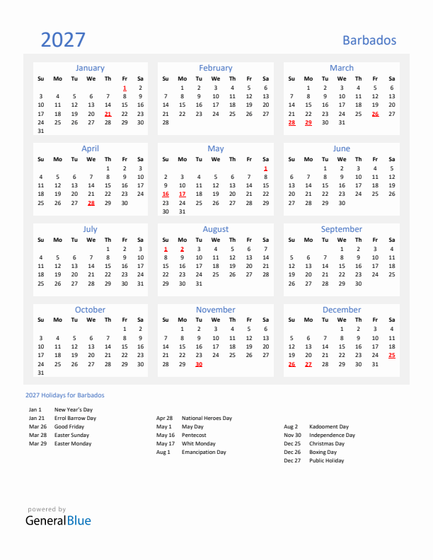 Basic Yearly Calendar with Holidays in Barbados for 2027 