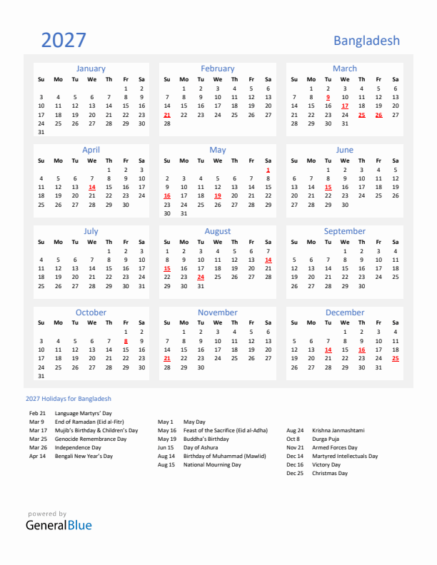 Basic Yearly Calendar with Holidays in Bangladesh for 2027 