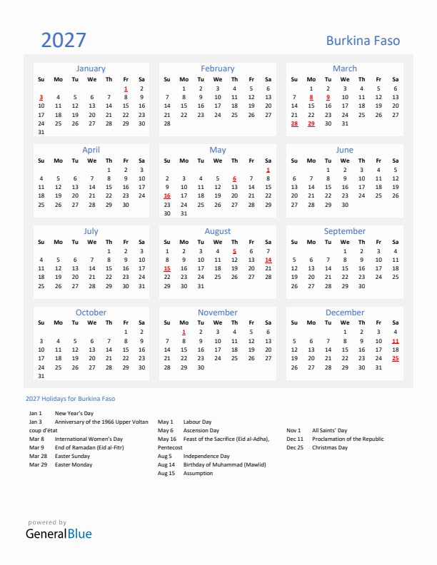 Basic Yearly Calendar with Holidays in Burkina Faso for 2027 