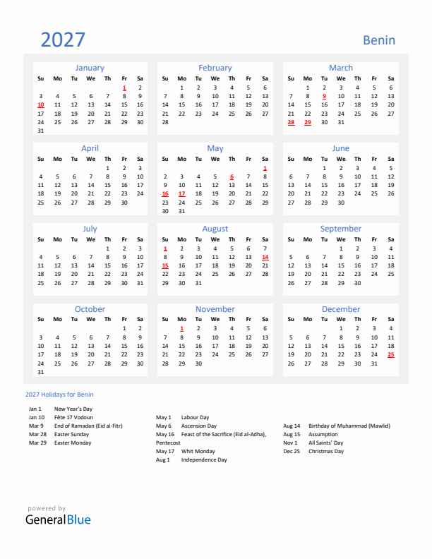 Basic Yearly Calendar with Holidays in Benin for 2027 