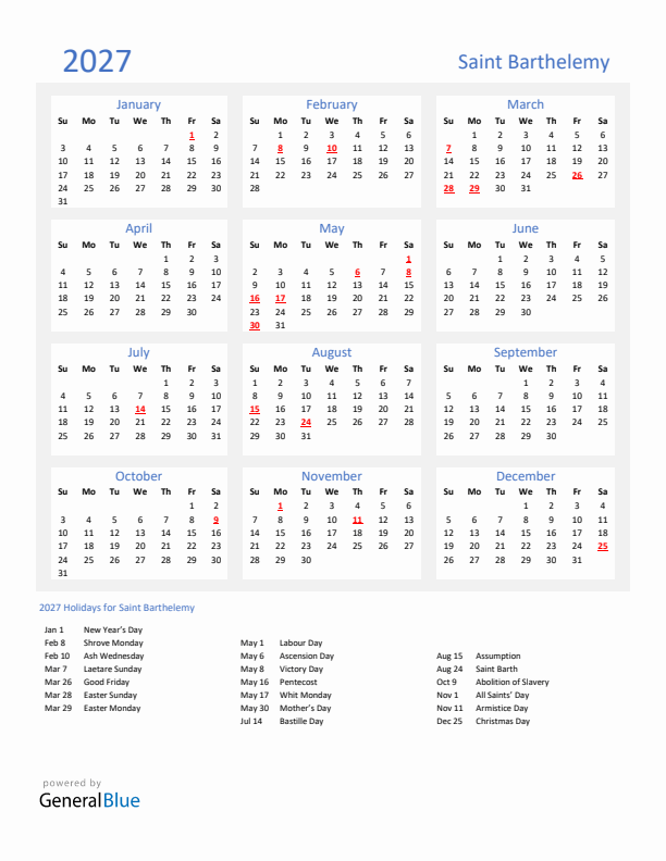 Basic Yearly Calendar with Holidays in Saint Barthelemy for 2027 
