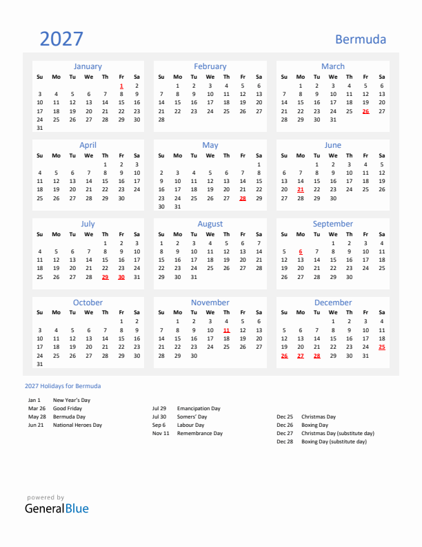 Basic Yearly Calendar with Holidays in Bermuda for 2027 
