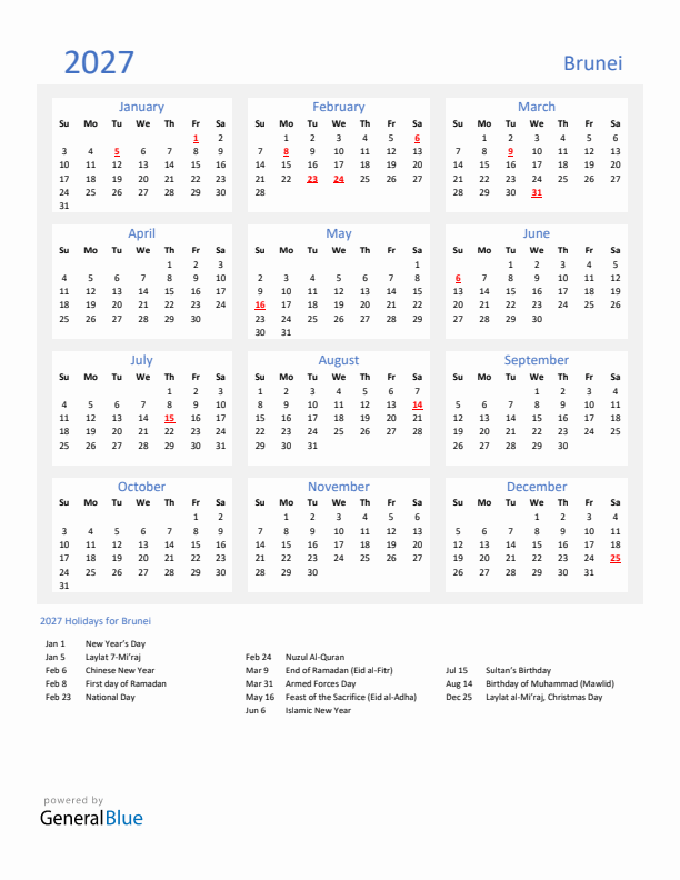 Basic Yearly Calendar with Holidays in Brunei for 2027 