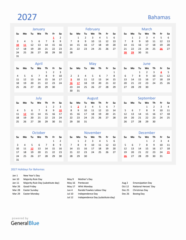 Basic Yearly Calendar with Holidays in Bahamas for 2027 