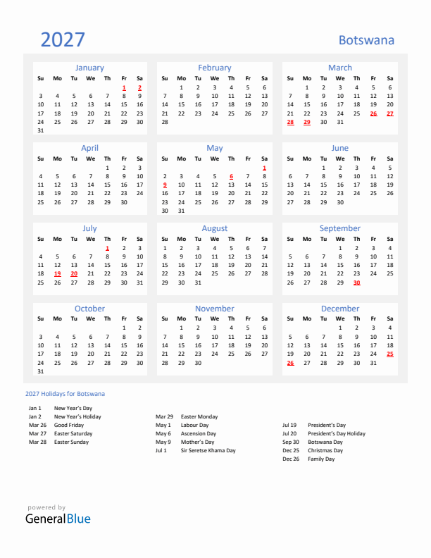 Basic Yearly Calendar with Holidays in Botswana for 2027 