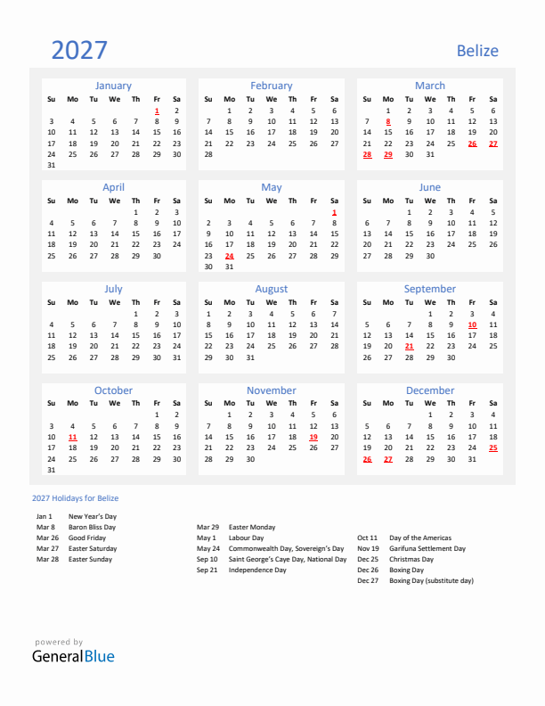 Basic Yearly Calendar with Holidays in Belize for 2027 