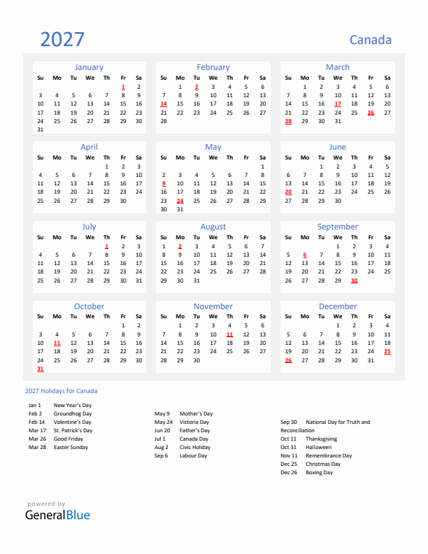 Basic Yearly Calendar with Holidays in Canada for 2027 
