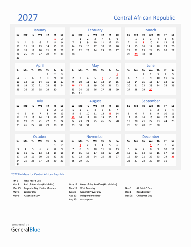 Basic Yearly Calendar with Holidays in Central African Republic for 2027 