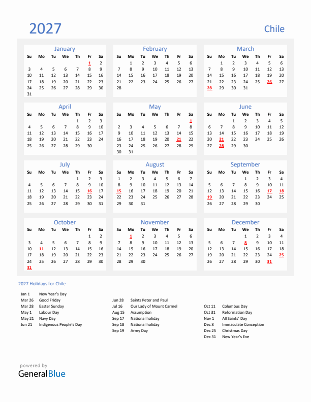 Basic Yearly Calendar with Holidays in Chile for 2027 