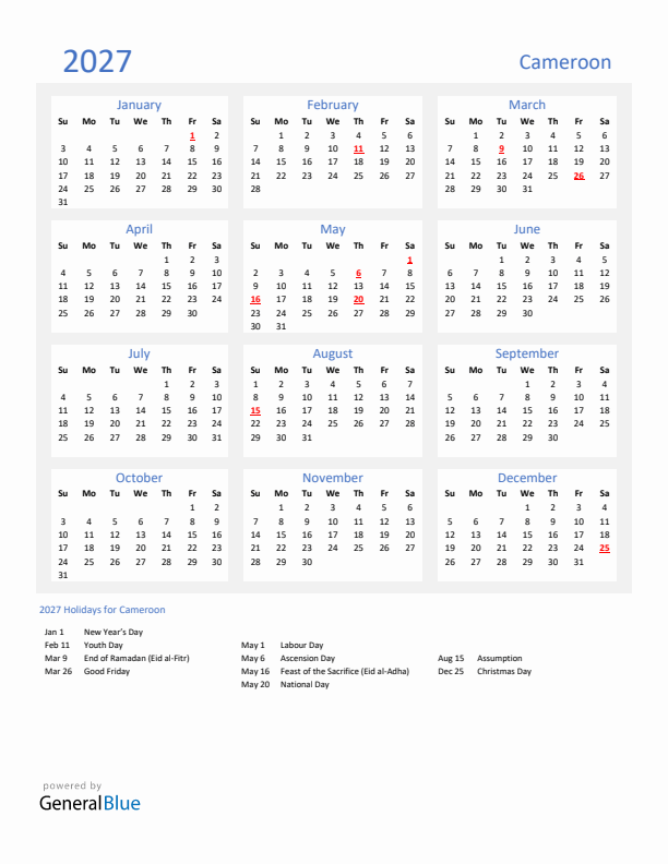 Basic Yearly Calendar with Holidays in Cameroon for 2027 