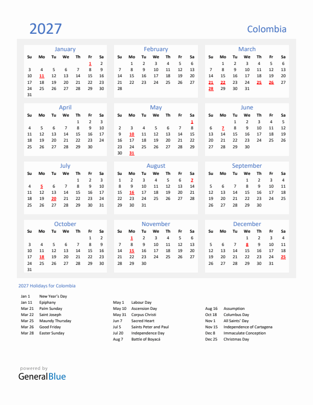 Basic Yearly Calendar with Holidays in Colombia for 2027 