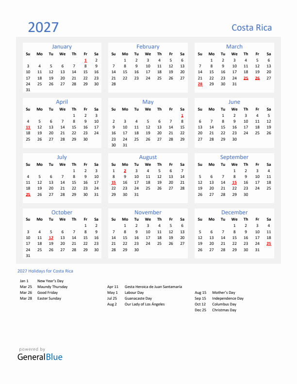 Basic Yearly Calendar with Holidays in Costa Rica for 2027 