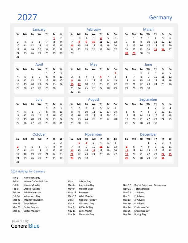 Basic Yearly Calendar with Holidays in Germany for 2027 