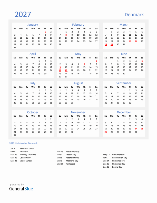 Basic Yearly Calendar with Holidays in Denmark for 2027 