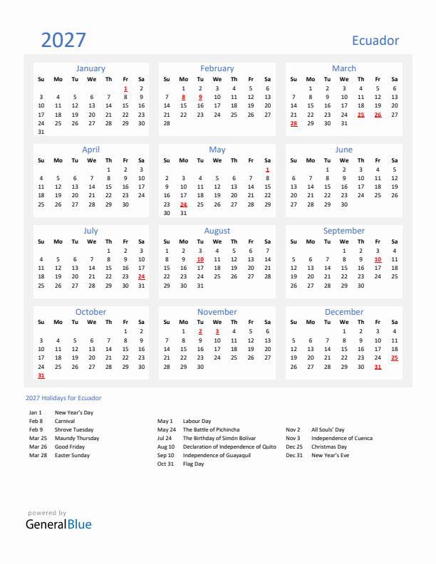 Basic Yearly Calendar with Holidays in Ecuador for 2027 