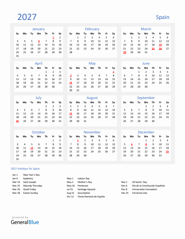 Basic Yearly Calendar with Holidays in Spain for 2027 