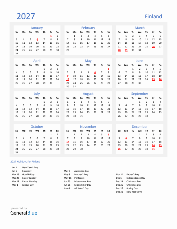 Basic Yearly Calendar with Holidays in Finland for 2027 