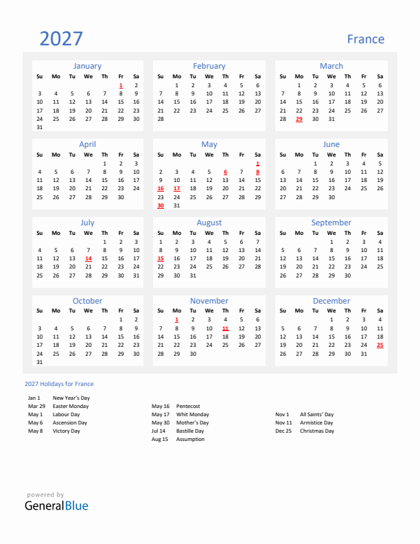 Basic Yearly Calendar with Holidays in France for 2027 