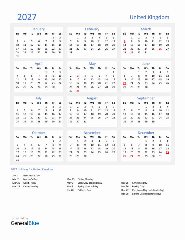 Basic Yearly Calendar with Holidays in United Kingdom for 2027 