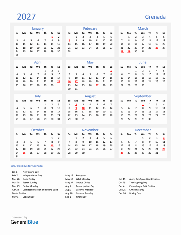 Basic Yearly Calendar with Holidays in Grenada for 2027 