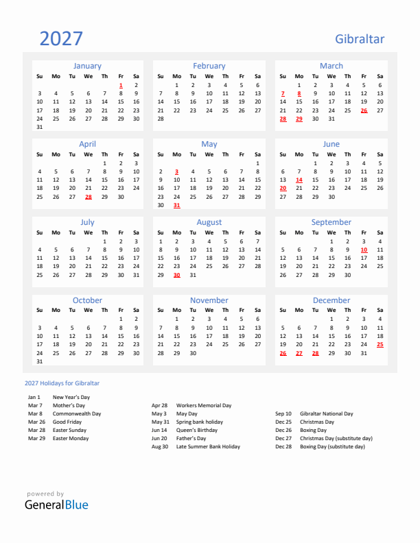 Basic Yearly Calendar with Holidays in Gibraltar for 2027 