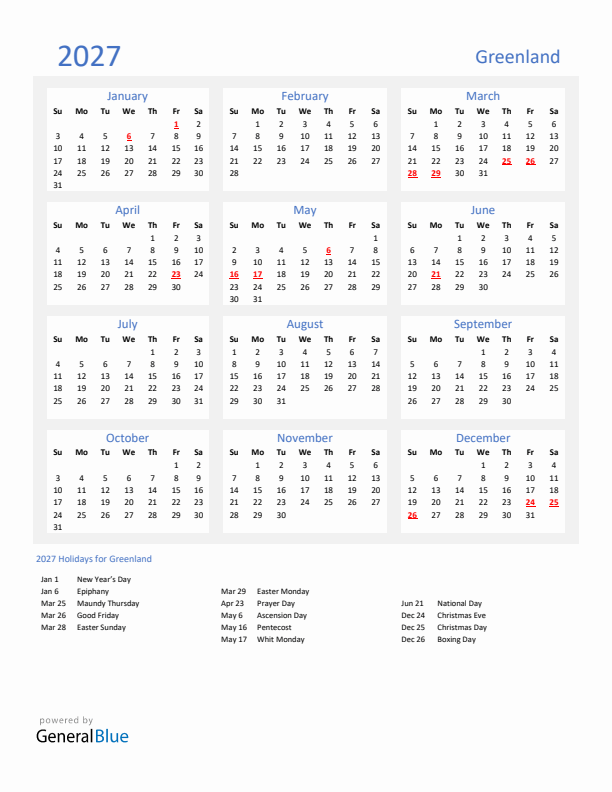 Basic Yearly Calendar with Holidays in Greenland for 2027 