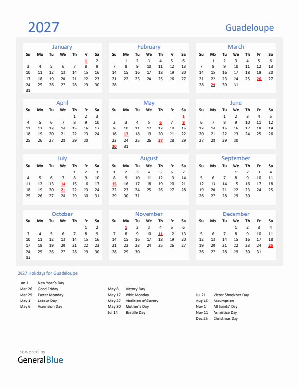 Basic Yearly Calendar with Holidays in Guadeloupe for 2027 