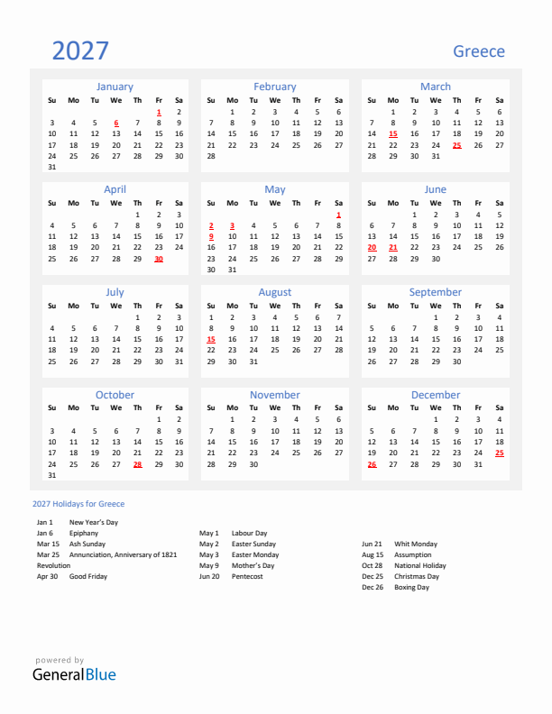 Basic Yearly Calendar with Holidays in Greece for 2027 