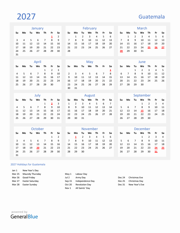 Basic Yearly Calendar with Holidays in Guatemala for 2027 
