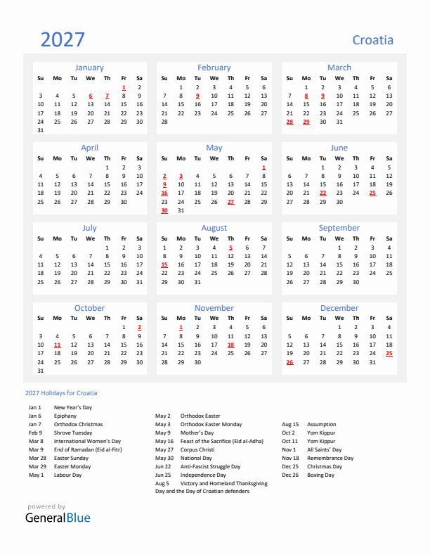 Basic Yearly Calendar with Holidays in Croatia for 2027 