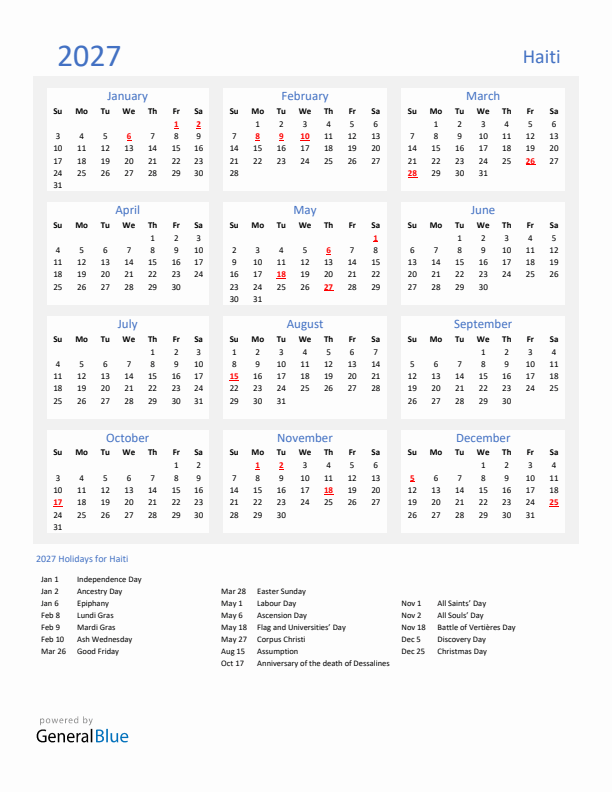 Basic Yearly Calendar with Holidays in Haiti for 2027 