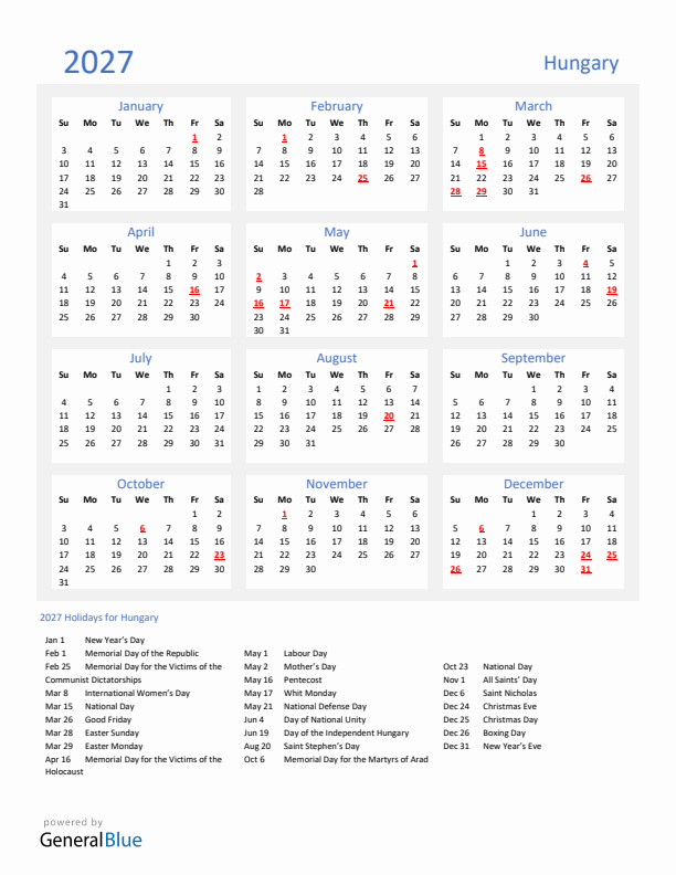 Basic Yearly Calendar with Holidays in Hungary for 2027 