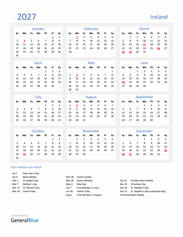 Basic Yearly Calendar with Holidays in Ireland for 2027 
