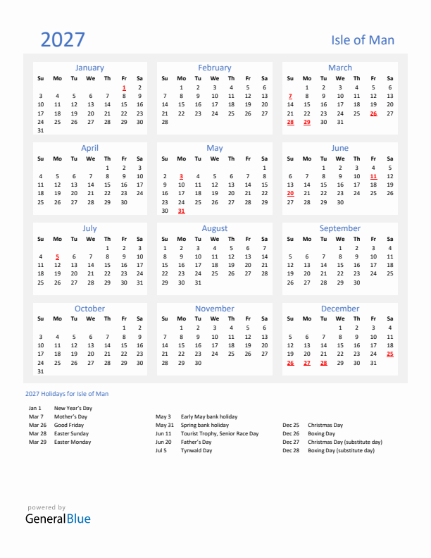 Basic Yearly Calendar with Holidays in Isle of Man for 2027 