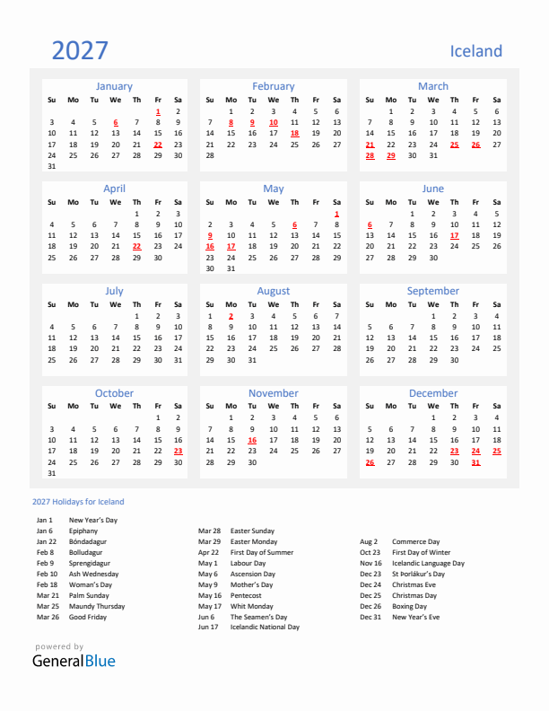 Basic Yearly Calendar with Holidays in Iceland for 2027 