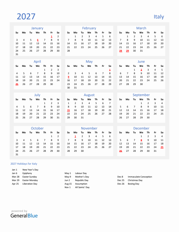 Basic Yearly Calendar with Holidays in Italy for 2027 