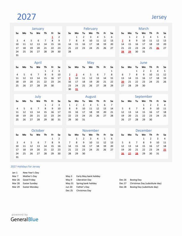 Basic Yearly Calendar with Holidays in Jersey for 2027 