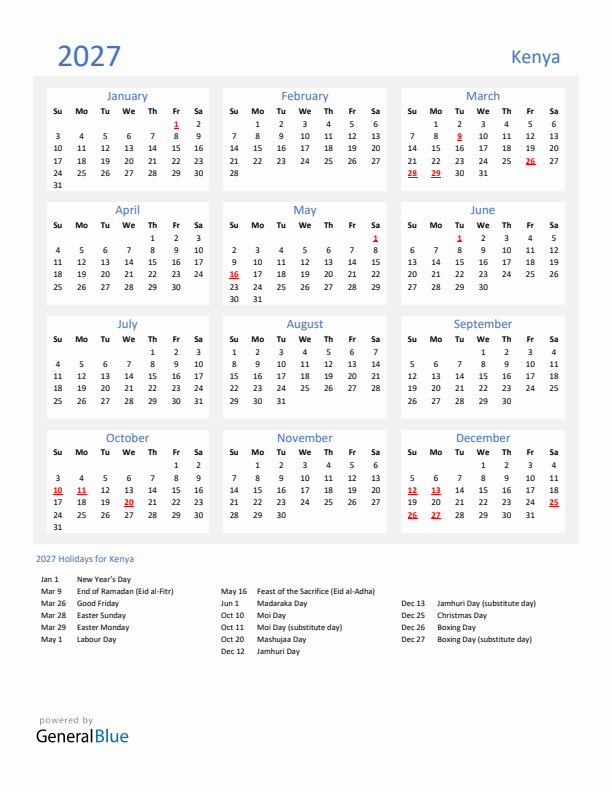 Basic Yearly Calendar with Holidays in Kenya for 2027 