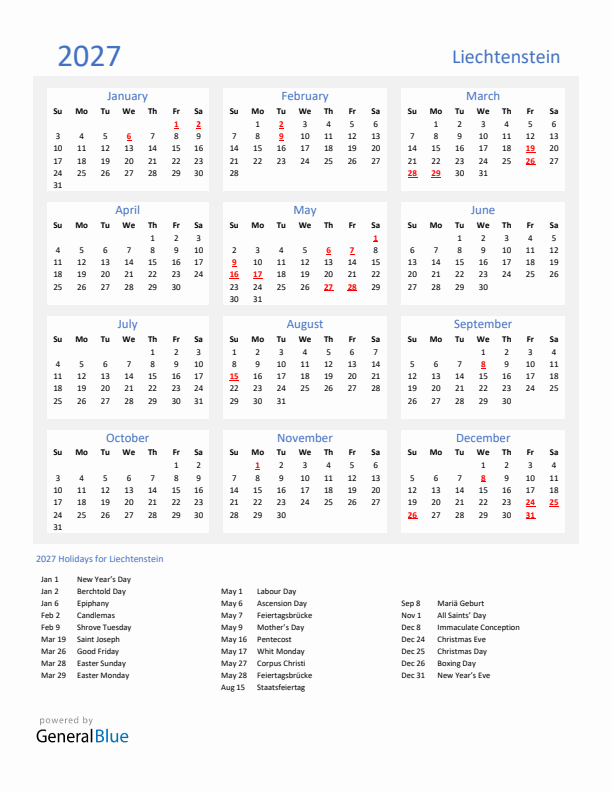 Basic Yearly Calendar with Holidays in Liechtenstein for 2027 