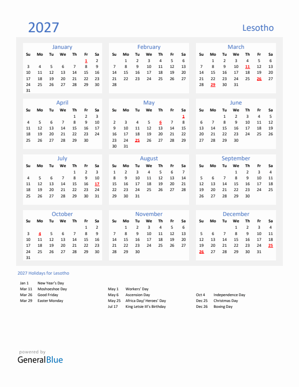 Basic Yearly Calendar with Holidays in Lesotho for 2027 
