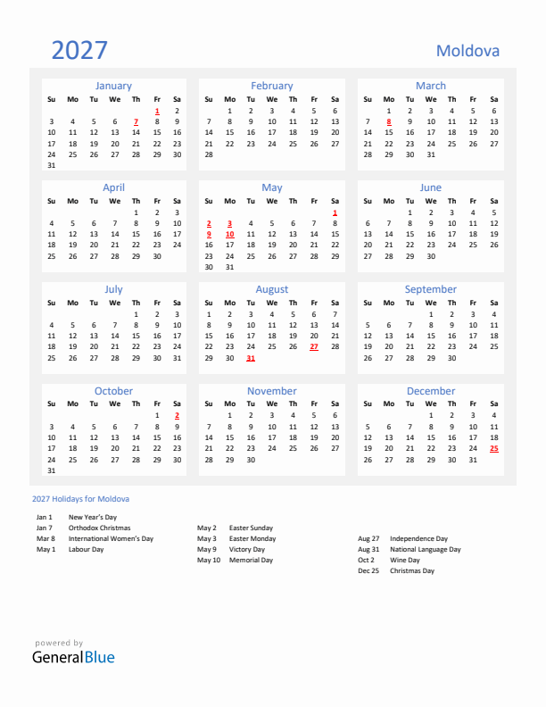 Basic Yearly Calendar with Holidays in Moldova for 2027 