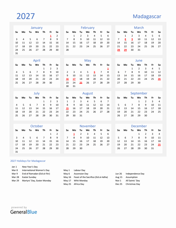 Basic Yearly Calendar with Holidays in Madagascar for 2027 