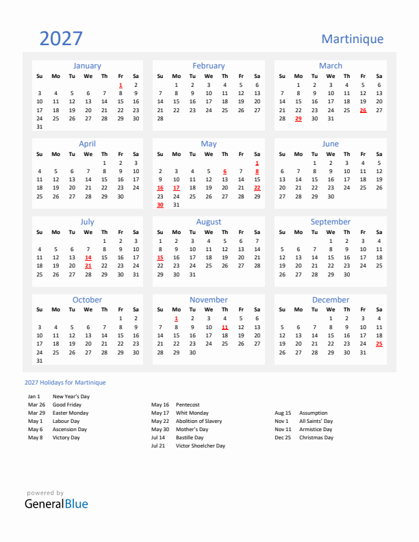 Basic Yearly Calendar with Holidays in Martinique for 2027 
