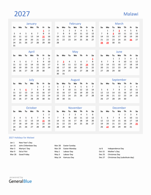 Basic Yearly Calendar with Holidays in Malawi for 2027 