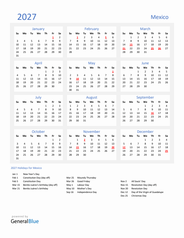 Basic Yearly Calendar with Holidays in Mexico for 2027 