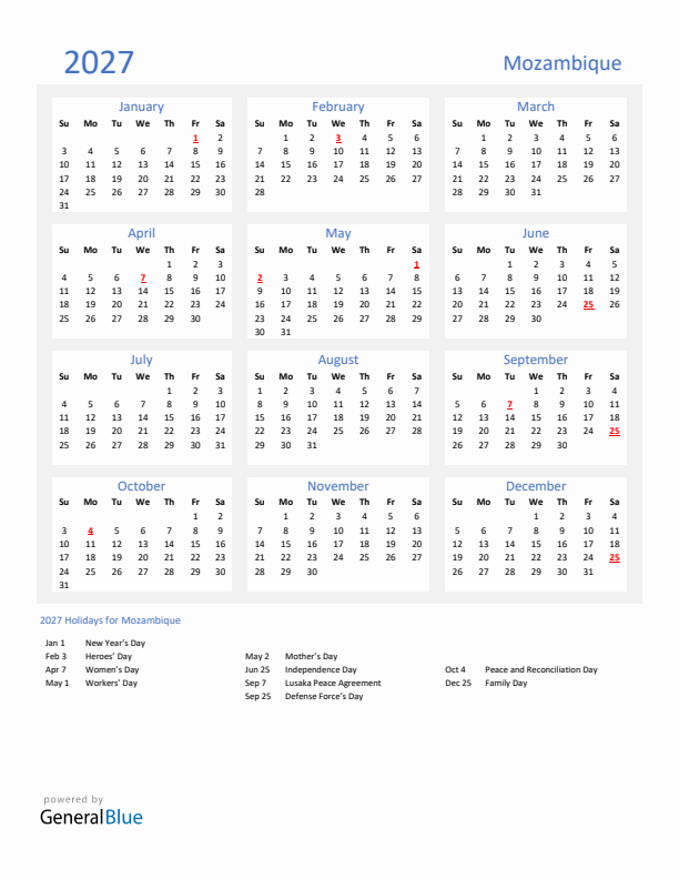 Basic Yearly Calendar with Holidays in Mozambique for 2027 