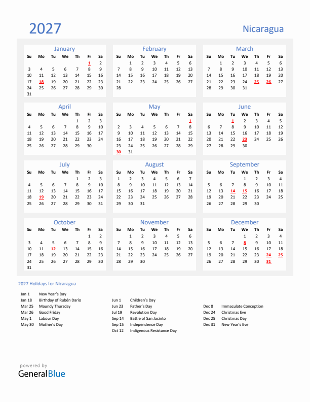 Basic Yearly Calendar with Holidays in Nicaragua for 2027 