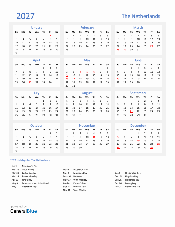 Basic Yearly Calendar with Holidays in The Netherlands for 2027 